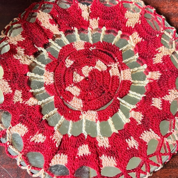 Vintage Hand Crocheted Doily Over Round Mirror - Picture 4 of 5
